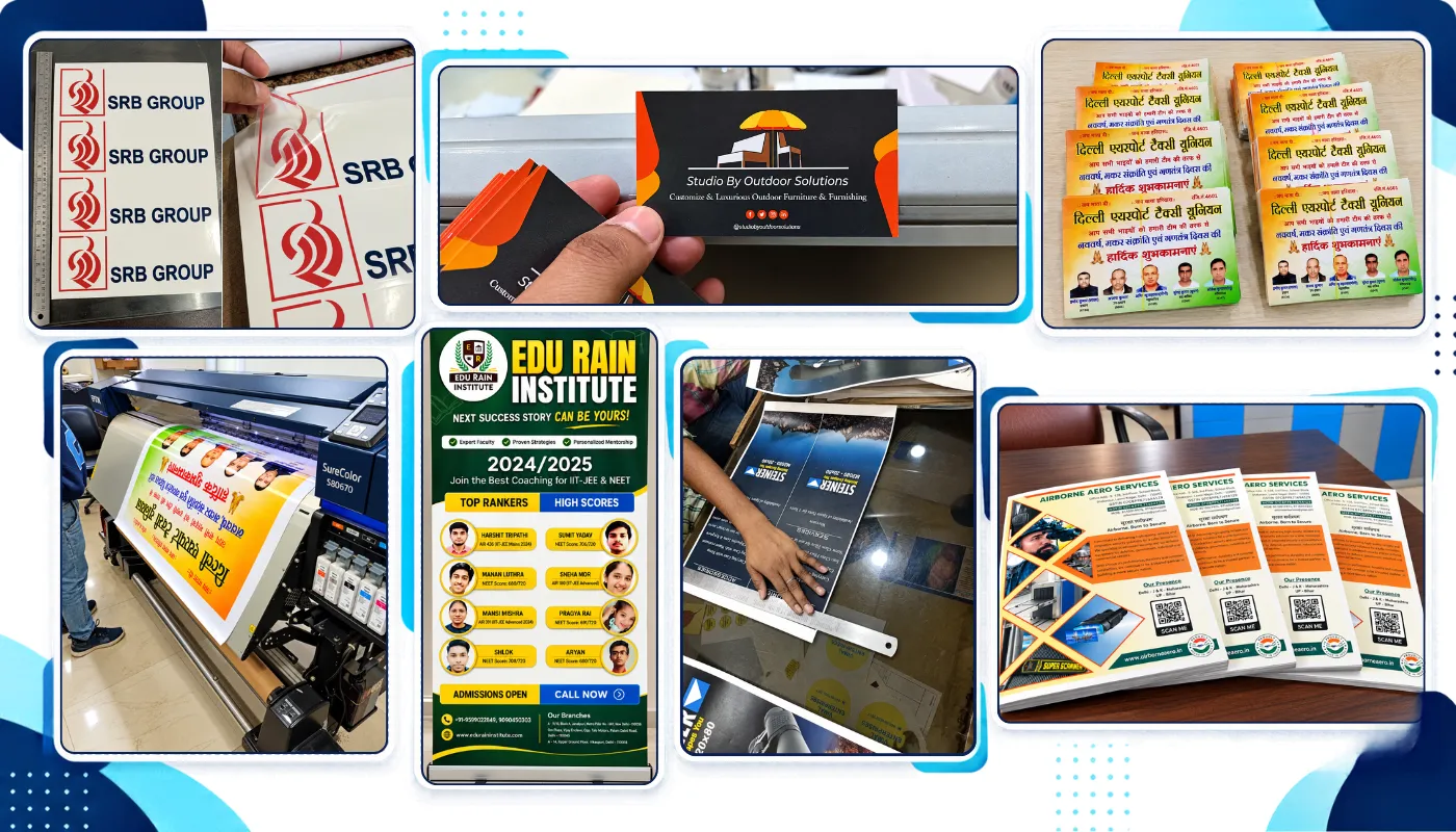 Graphic design and printing portfolio showcasing cards, promotional materials and large format printing by Webtechly