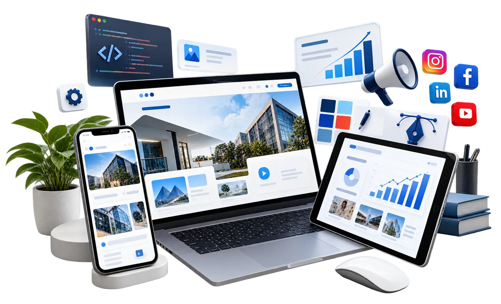 Website development, SEO, social media marketing and graphic design services illustration